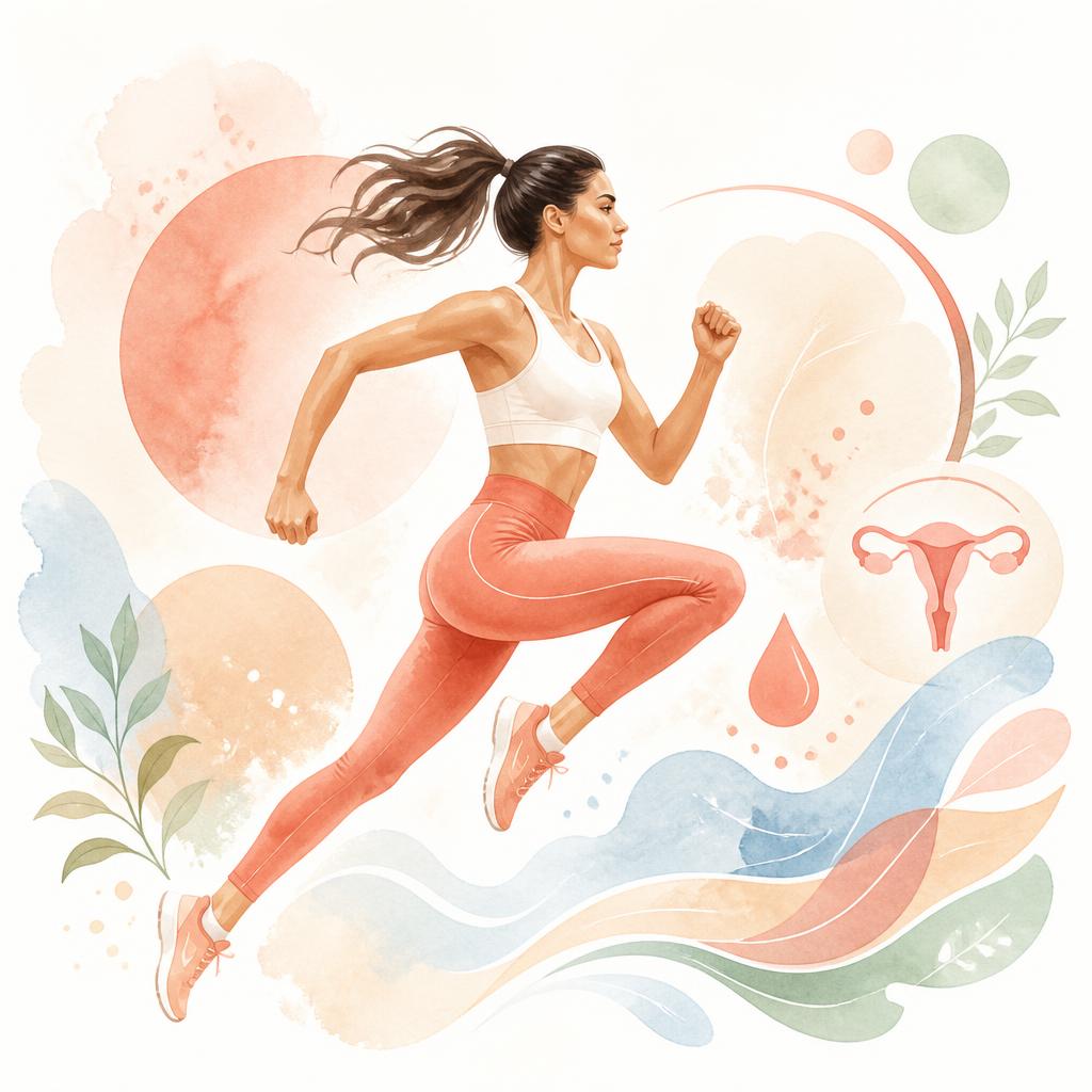 Illustration aquarelle d'une athlète en mouvement, symbolisant la performance féminine et le soin du cycle menstruel